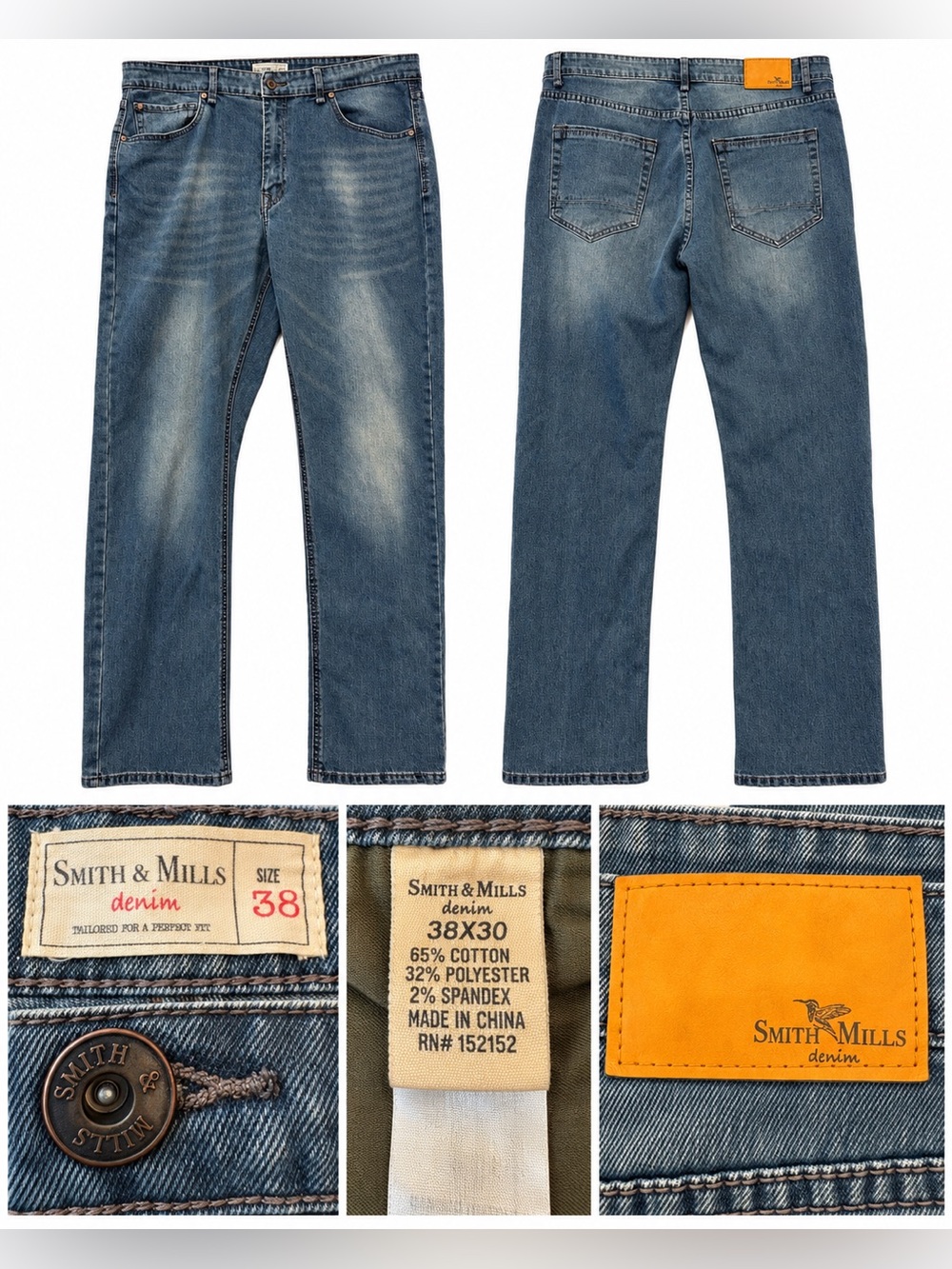 Smith & Mills Men’s Denim Jeans Size 38x30 Medium Wash Straight Leg Stretch